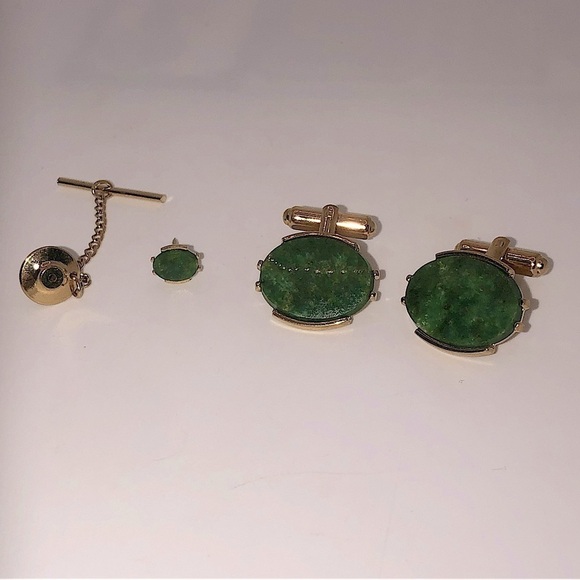 Vtg Senator Sherman Real Jade Stone Gold Tone Cufflinks & Tie Tack Set - Picture 1 of 10